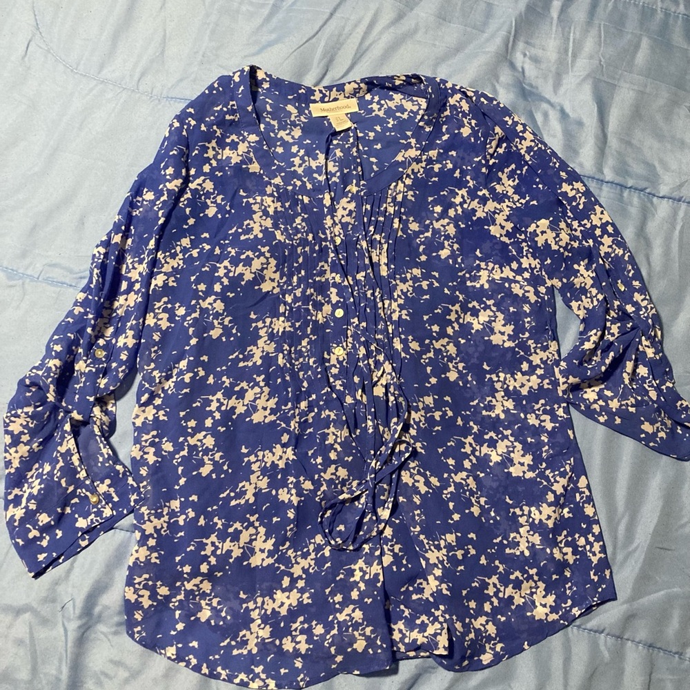 Motherhood Maternity Royal Blue White Floral Pleated Henley Blouse Top Small